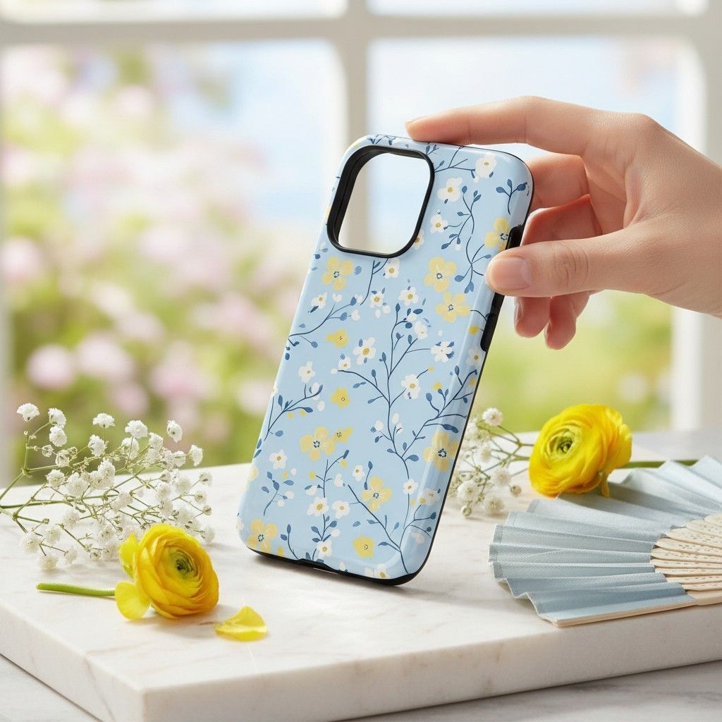 Light blue delicate floral pattern iPhone 15 case