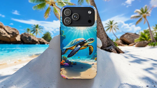 iPhone 17 Pro Max case featuring a sea turtle swimming above a sandy ocean floor with coral and sunlight beams