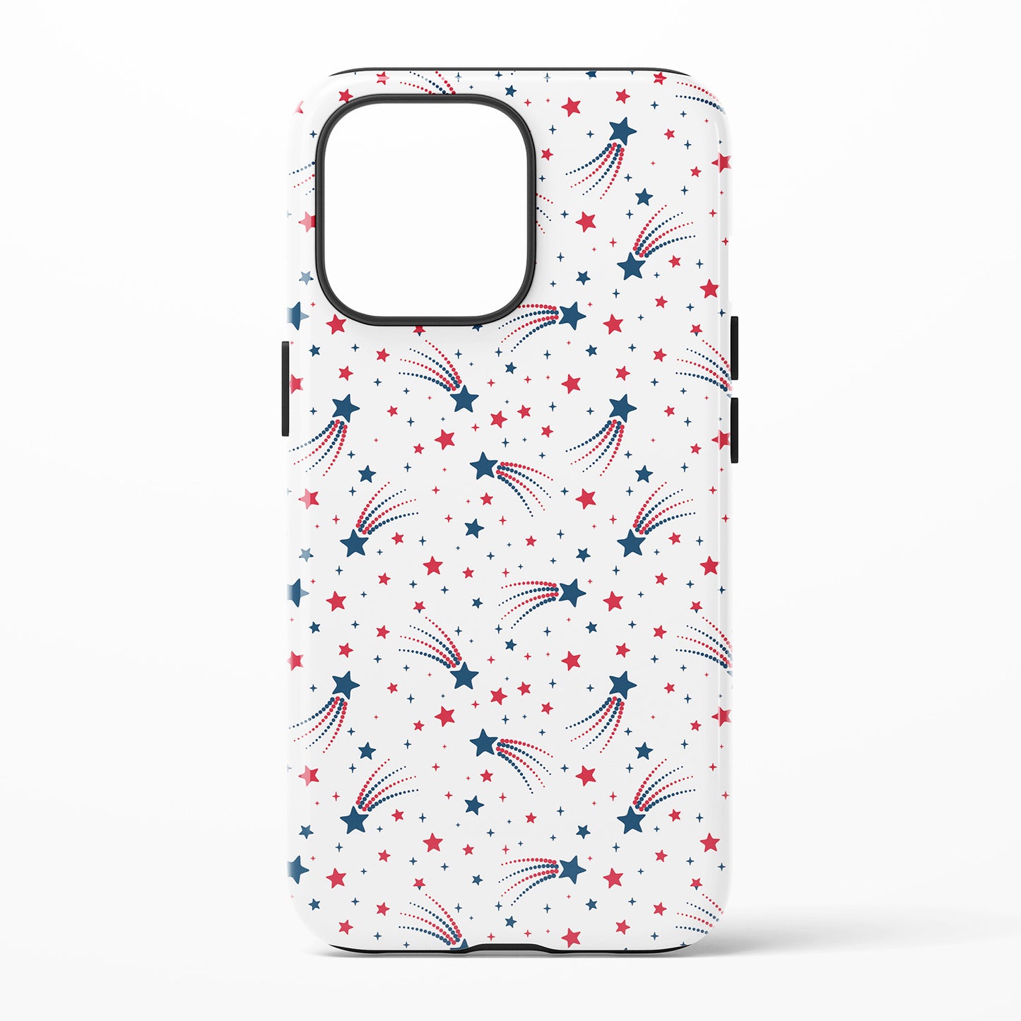 Phone case with star and shooting star pattern on a white background