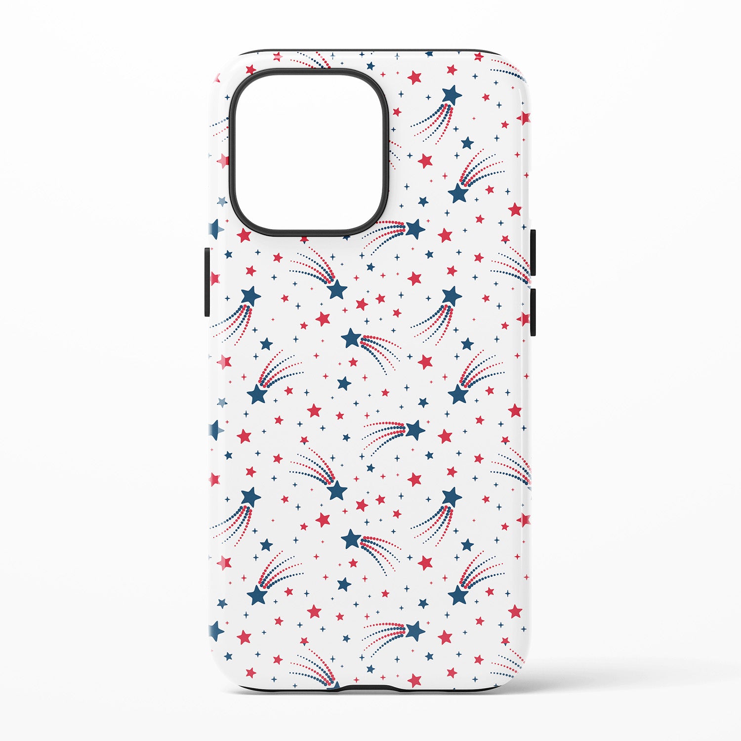 Phone case with star and shooting star pattern on a white background