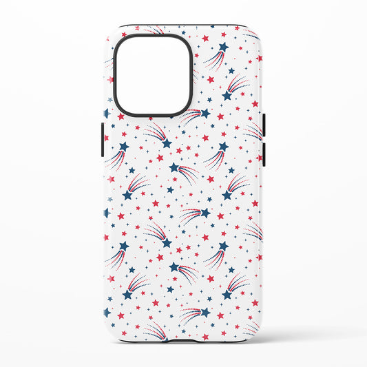 Phone case with star and shooting star pattern on a white background