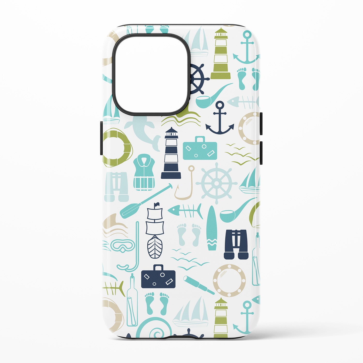 Phone case with nautical-themed design on a white background