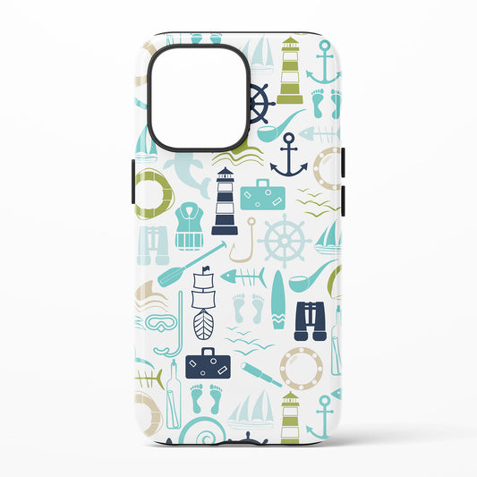Phone case with nautical-themed design on a white background