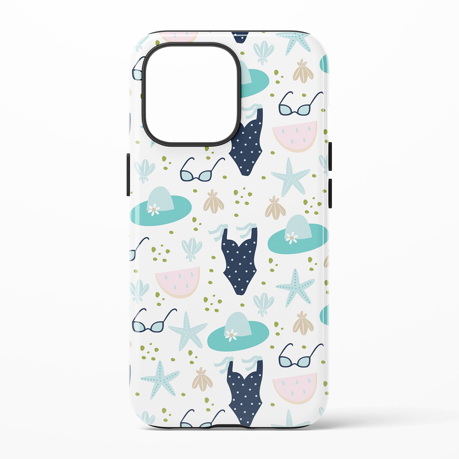 Phone case with beach-themed design featuring swimsuits, hats, and sunglasses on a white background