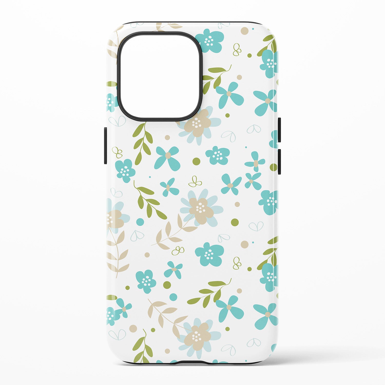Phone case featuring light‑blue and beige flowers with green leaves and small dots on a white background