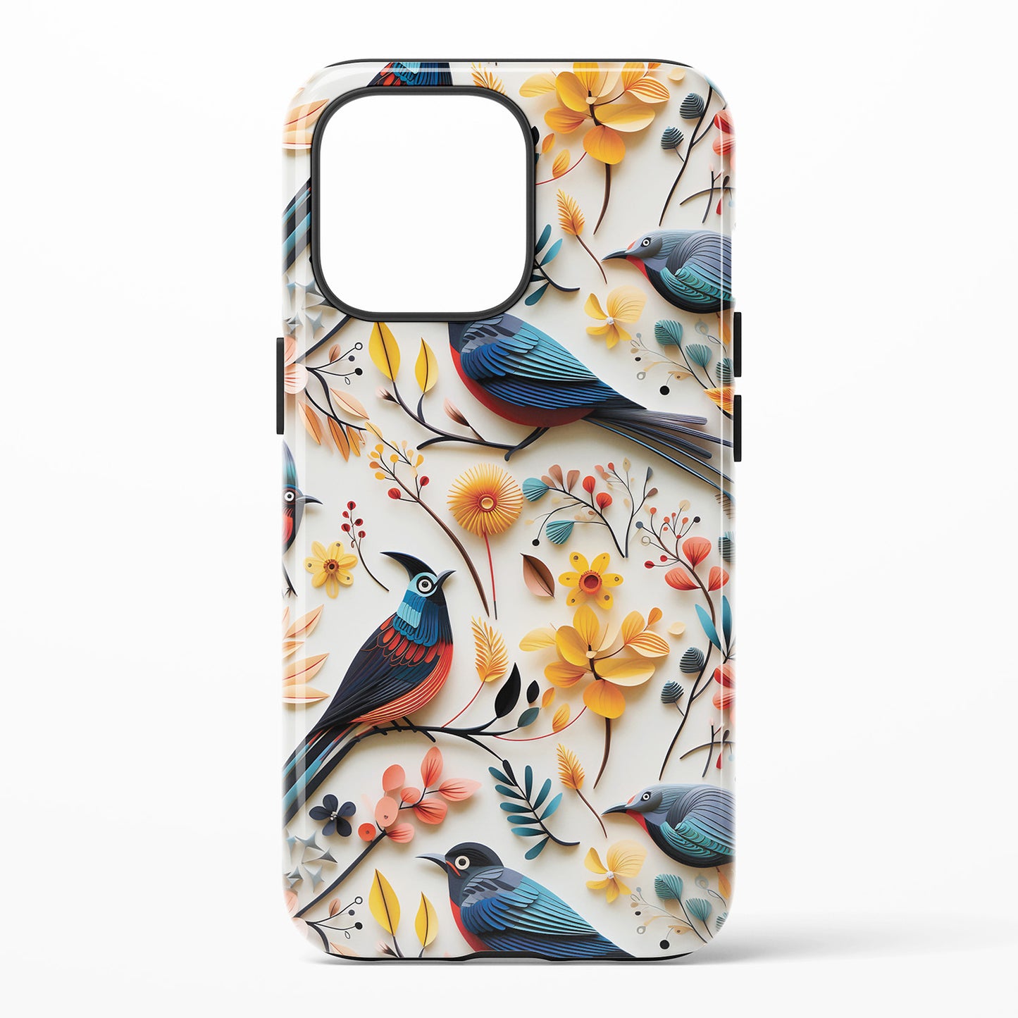 Phone case with colorful bird and floral design on a white background
