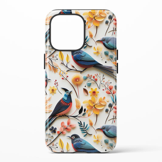Phone case with colorful bird and floral design on a white background