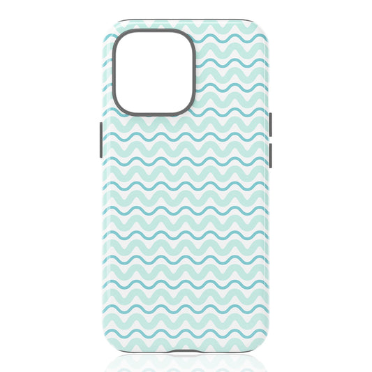 Phone case with turquoise wavy lines on a white outer shell layered over a black inner protective case