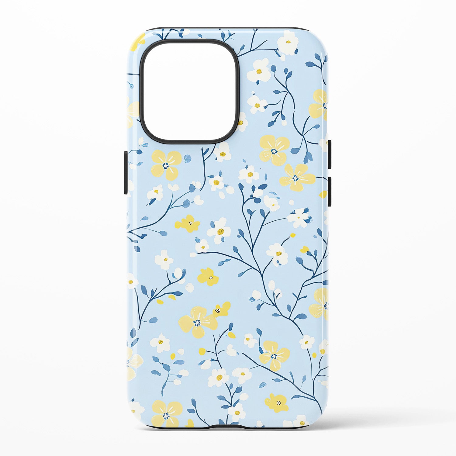Phone case with floral pattern on a light blue background