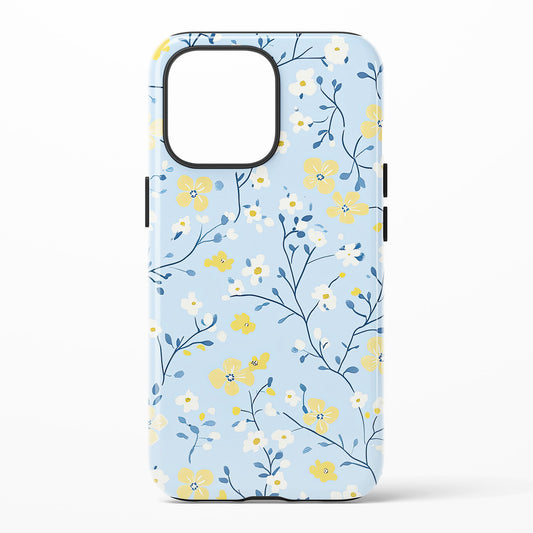 Phone case with floral pattern on a light blue background
