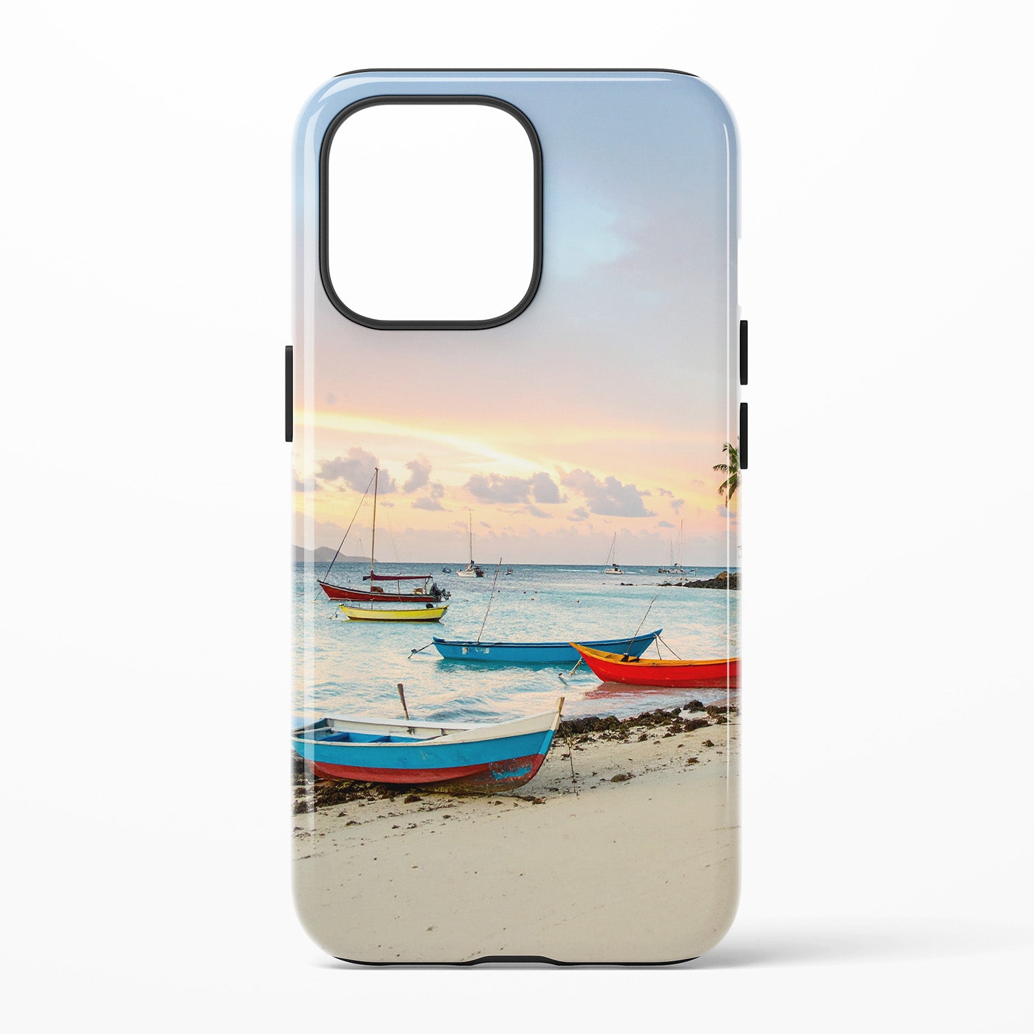 boats at sunset phone case with anchored boats and warm sky colors