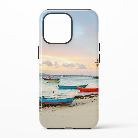 boats at sunset phone case with anchored boats and warm sky colors