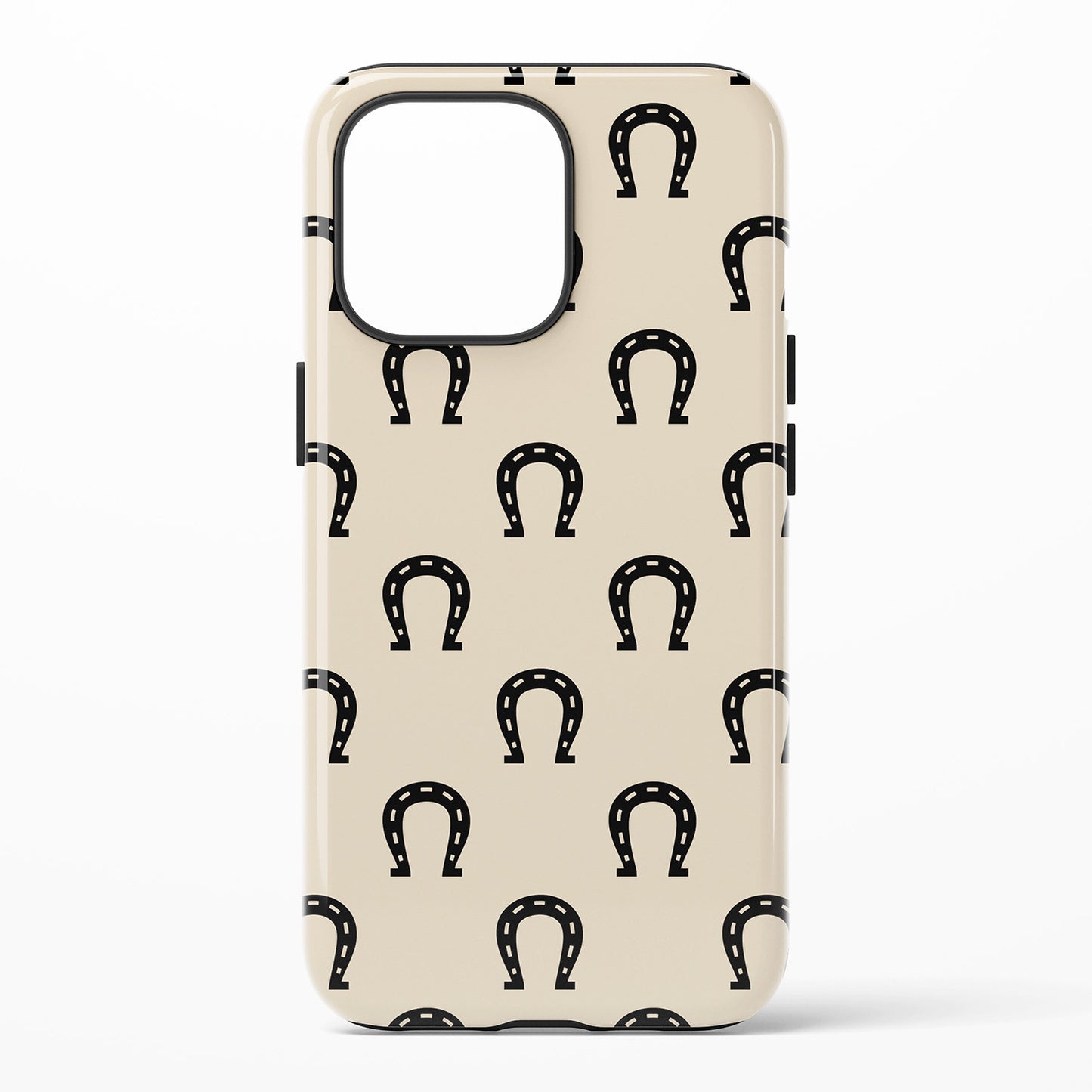 Phone case with black horse shoes on cream color background