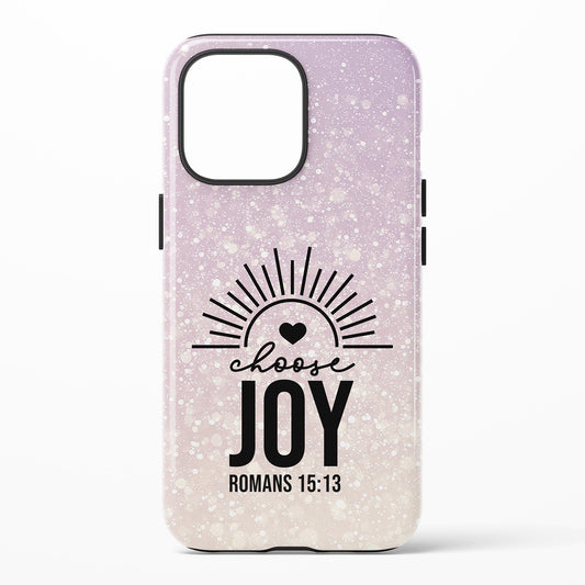 Phone case with 'Choose Joy' text and heart design on a light background