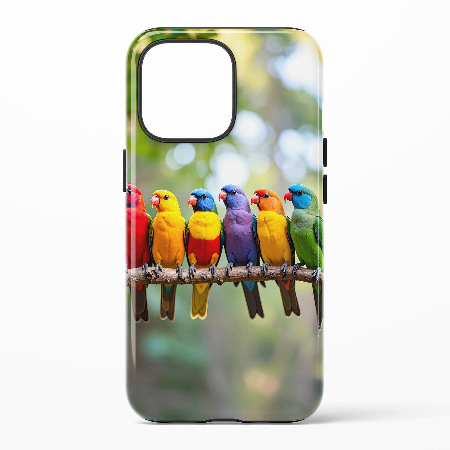 Phone case with colorful parrot design on a white background