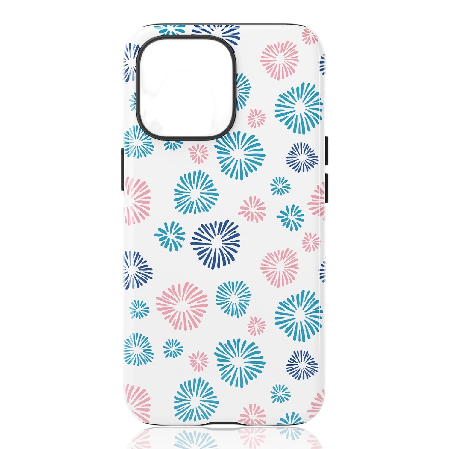 Phone case featuring blue, teal, and pink radiating circular motifs on a white background