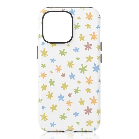 Phone case featuring small stylized star-like geometric flowers in green, yellow, orange, blue, and brown on a white background