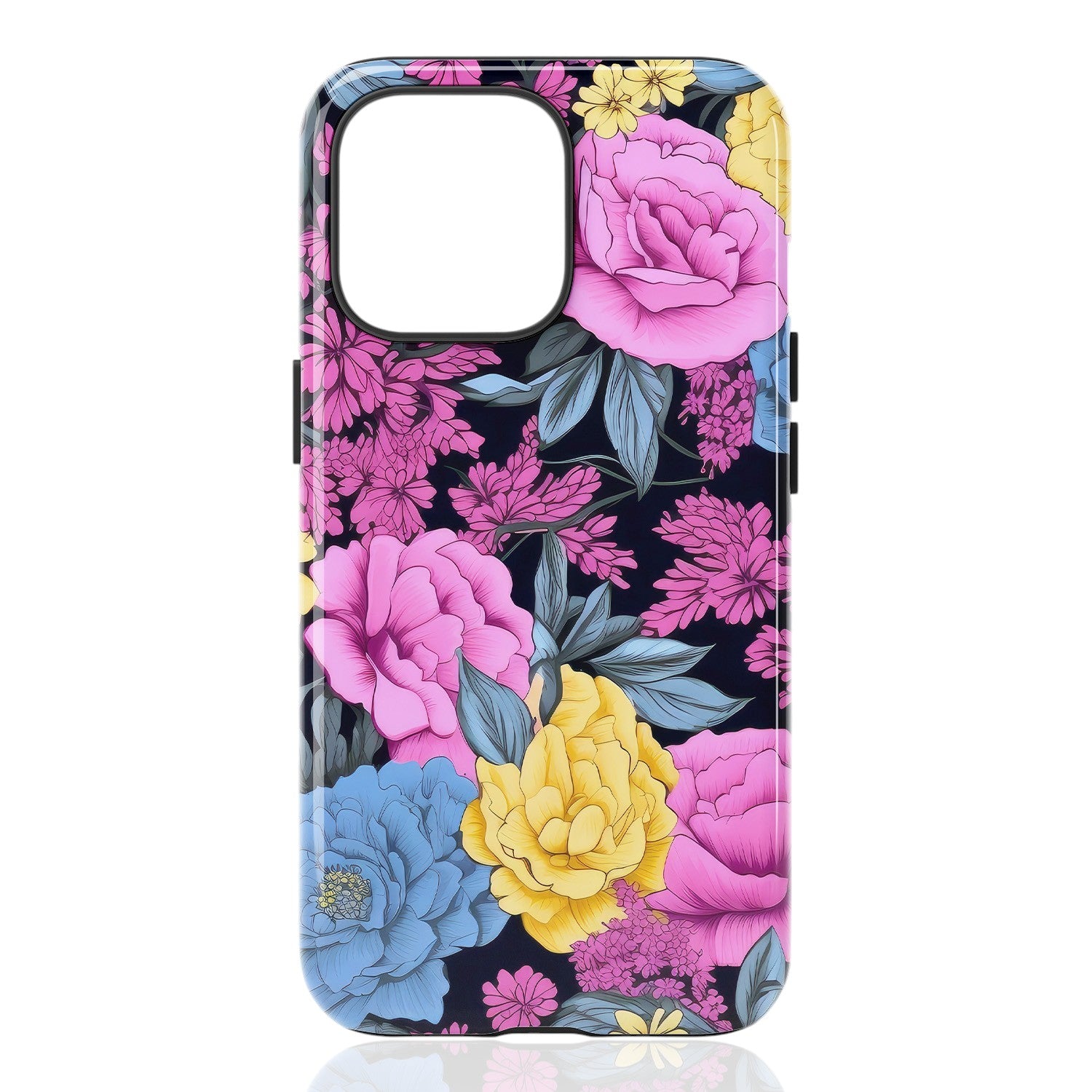 Phone case featuring large pink, yellow, and blue flowers with purple accents on a dark navy background