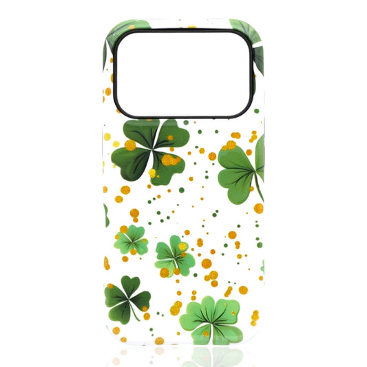 Phone case featuring green four‑leaf clovers with golden‑yellow dots on a white background