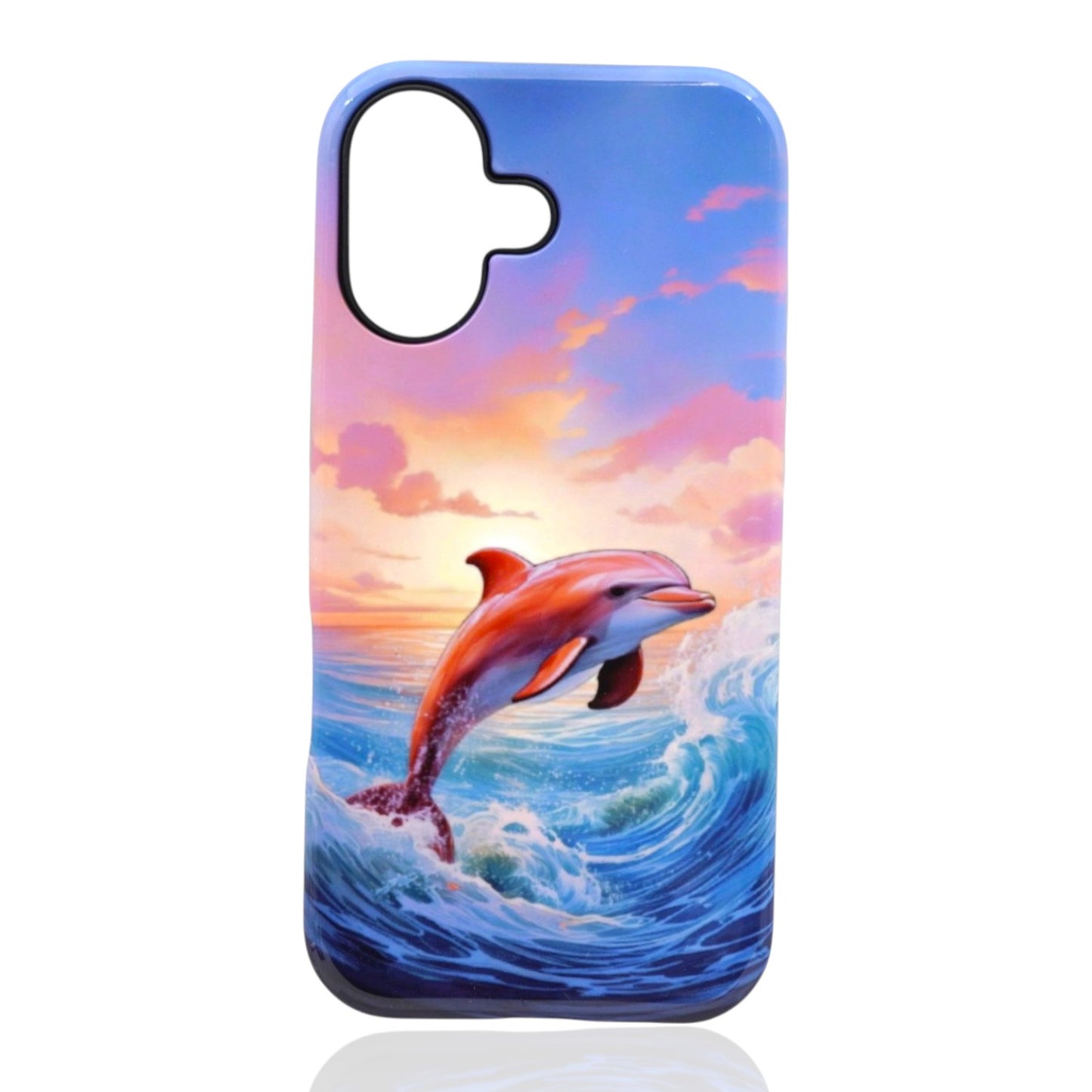 Phone case featuring a dolphin leaping from ocean waves with a vivid pink, orange, and purple sunset