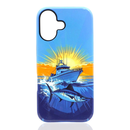 Phone case featuring a boat on ocean waves with a marlin below and a bright yellow‑orange sunset