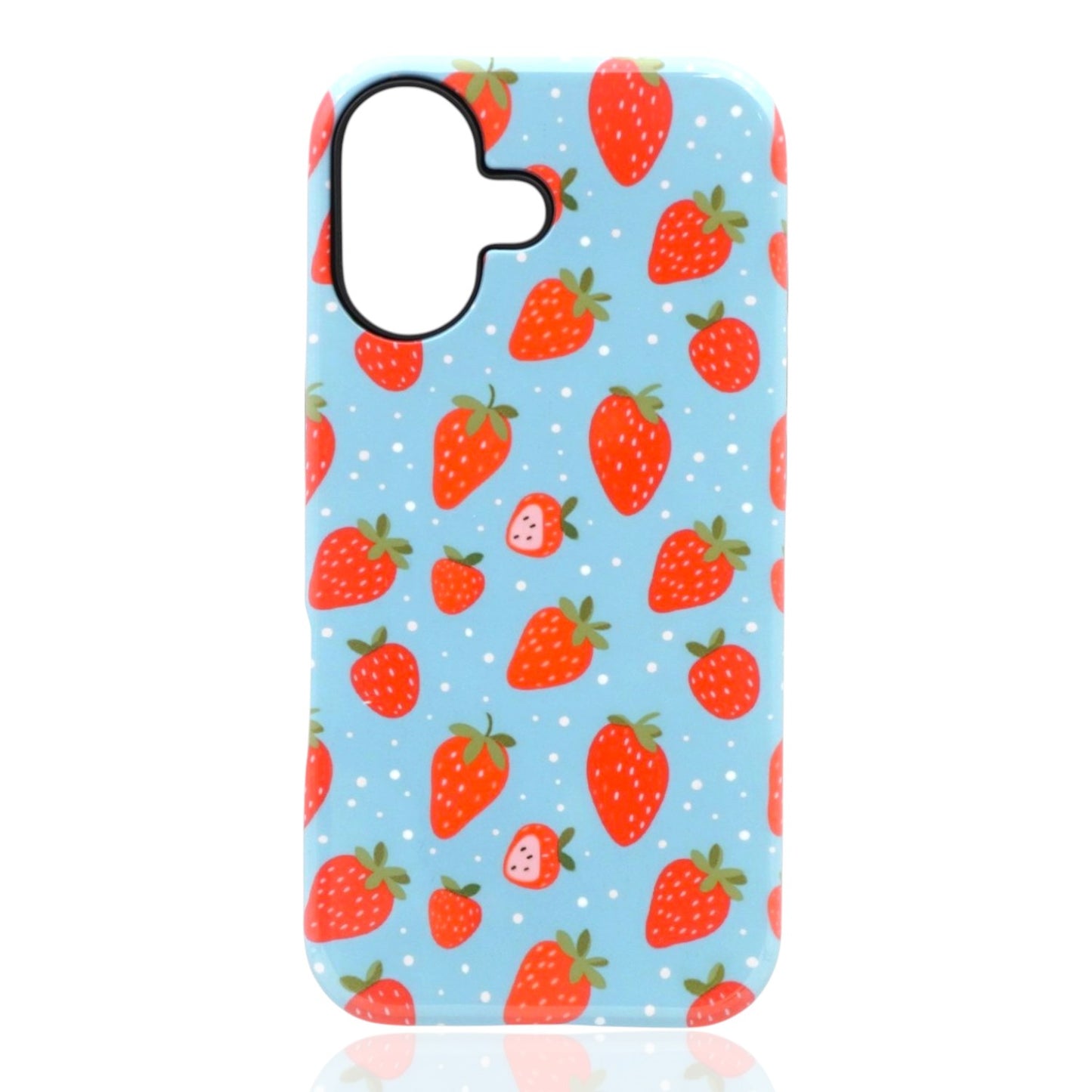 Phone case featuring red strawberries with green leaves and white dots on a light‑blue background