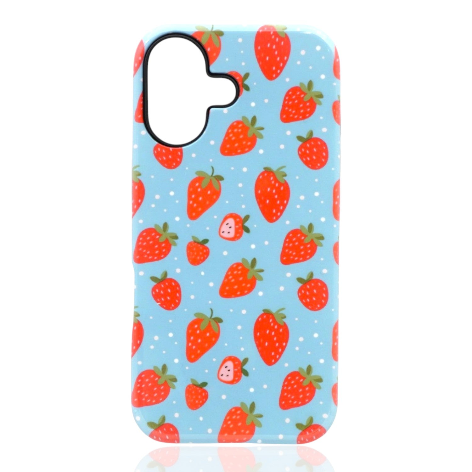 Phone case featuring red strawberries with green leaves and white dots on a light‑blue background