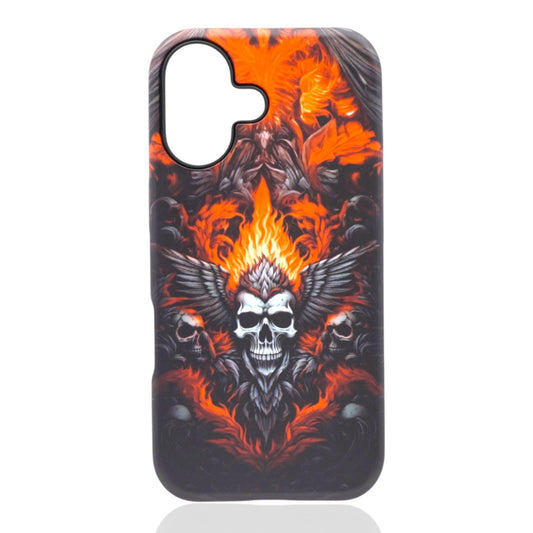 Phone case featuring a flaming skull with wings and symmetrical fiery patterns in orange, red, and black