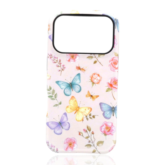 Phone case featuring colorful butterflies and pink roses on a pastel‑pink background