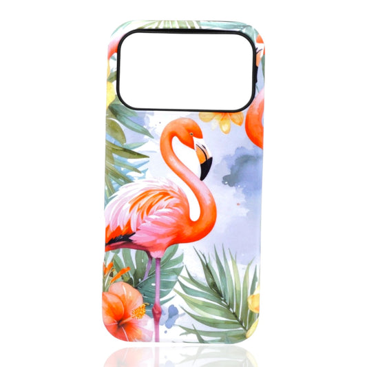 Phone case featuring a pink flamingo with palm leaves and hibiscus flowers on a watercolor background