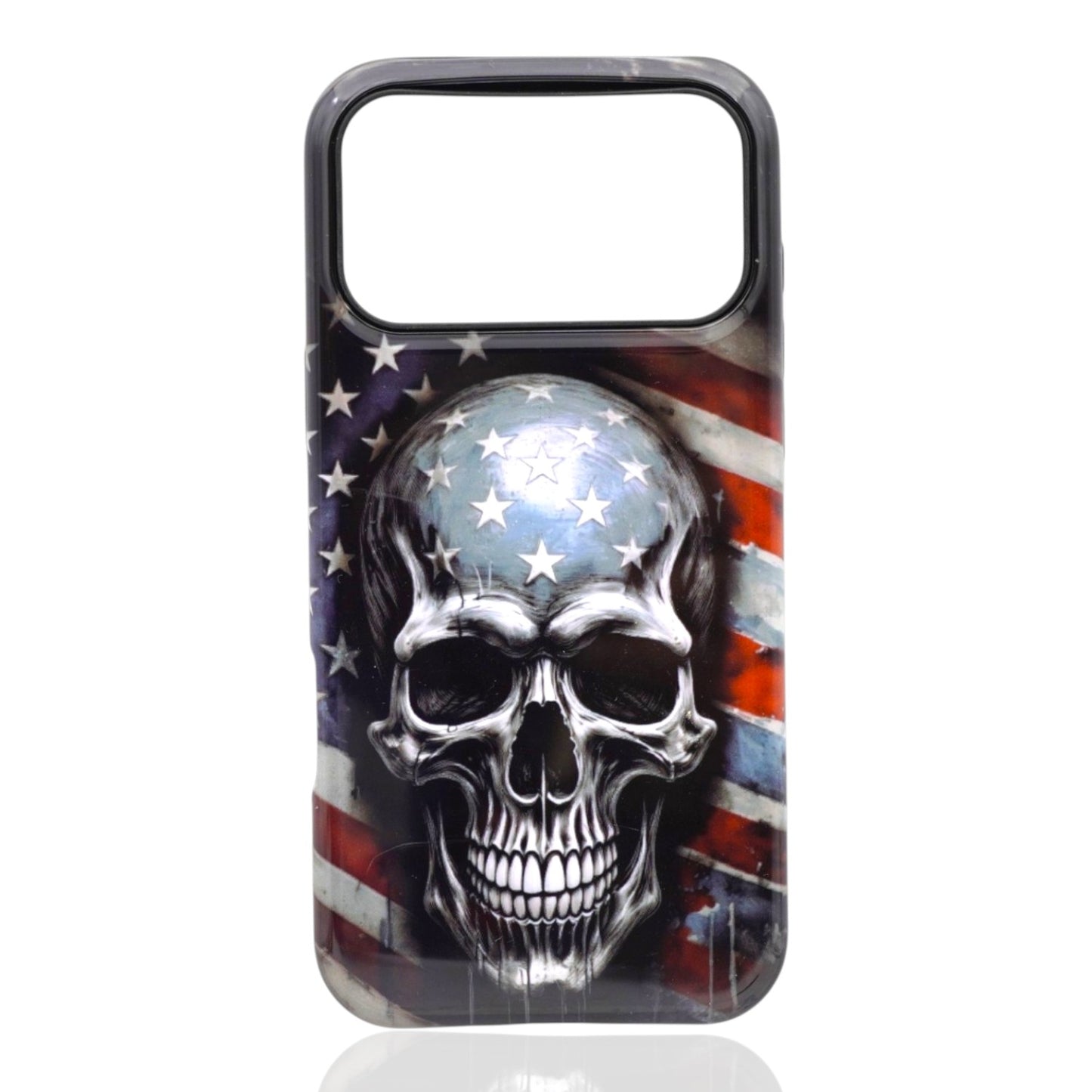 Phone case featuring a detailed skull design overlaid with the American flag’s stars and stripes