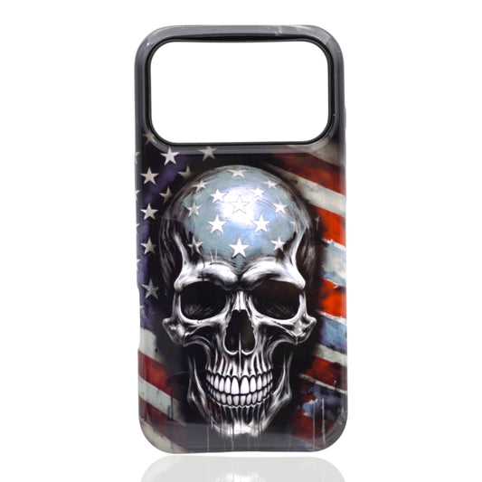 Phone case featuring a detailed skull design overlaid with the American flag’s stars and stripes