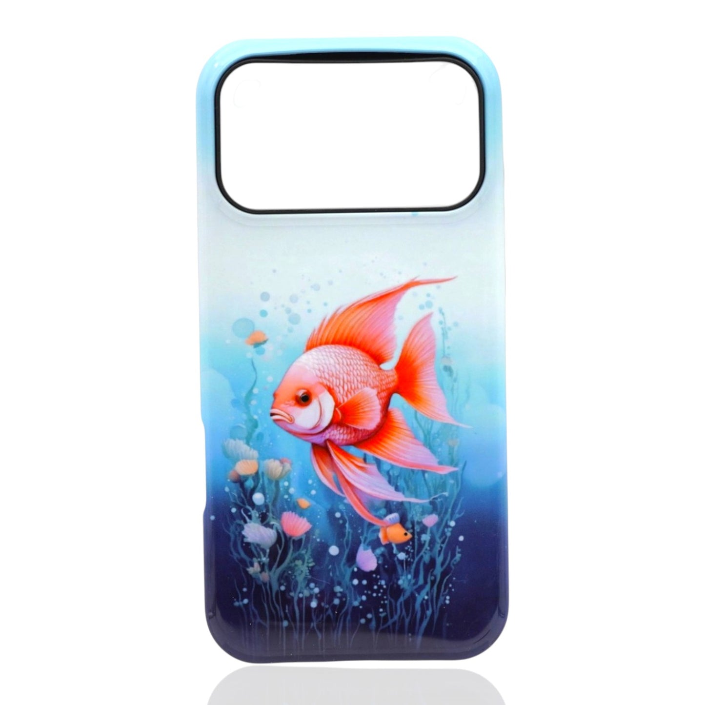 Phone case featuring an orange‑and‑red fish with flowing fins swimming among aquatic plants on a blue gradient background