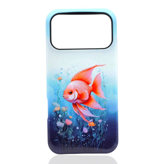 Phone case featuring an orange‑and‑red fish with flowing fins swimming among aquatic plants on a blue gradient background