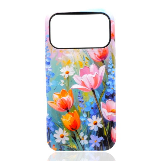 Phone case featuring colorful tulips, daisies, and assorted flowers on a soft multicolored background