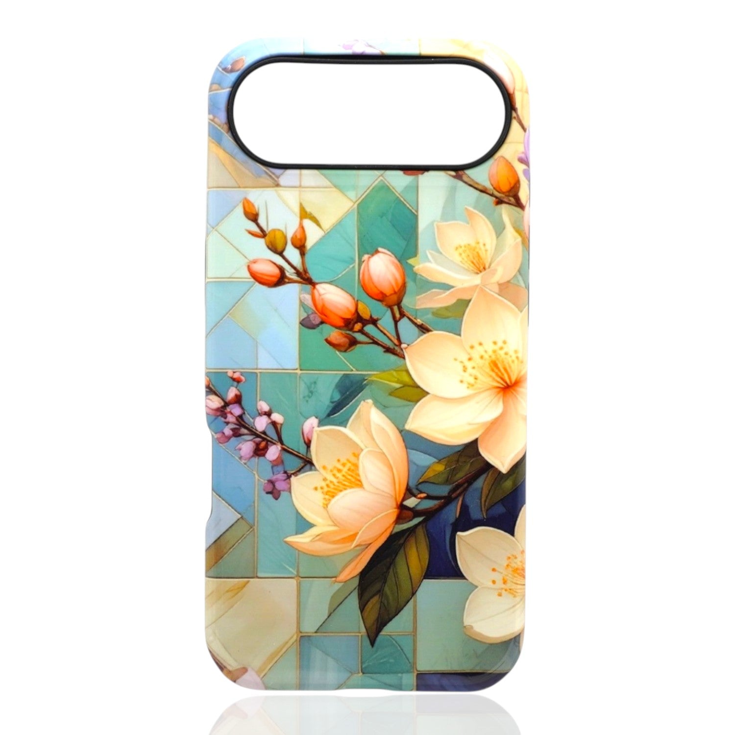 Phone case featuring cream flowers with yellow centers, pink and orange buds, and green leaves over a teal mosaic background