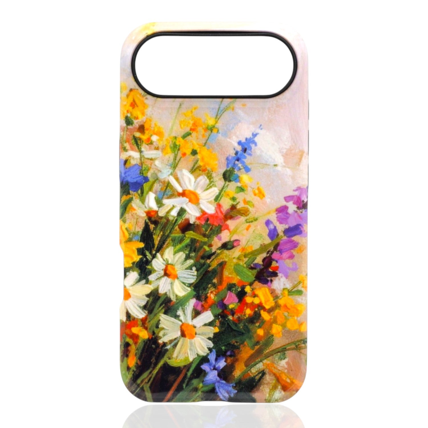 Phone case featuring a colorful bouquet of daisies, purple blossoms, blue flowers, and yellow blooms on a soft pastel background