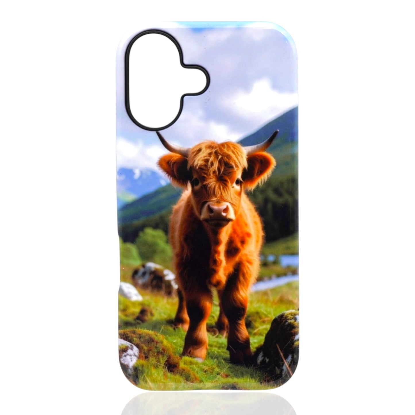 Phone case featuring a Highland cow calf standing in a grassy landscape with mountains in the background