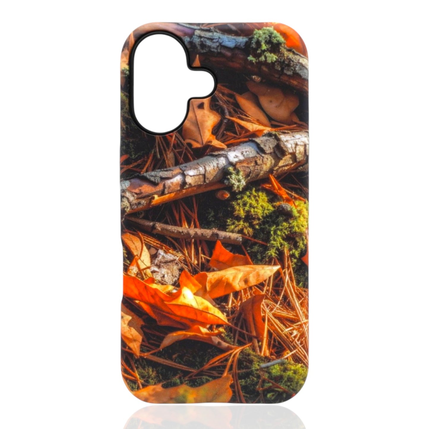 Phone case featuring orange leaves, pine needles, bark textures, and green moss in an earthy forest‑floor composition