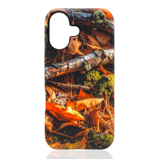 Phone case featuring orange leaves, pine needles, bark textures, and green moss in an earthy forest‑floor composition