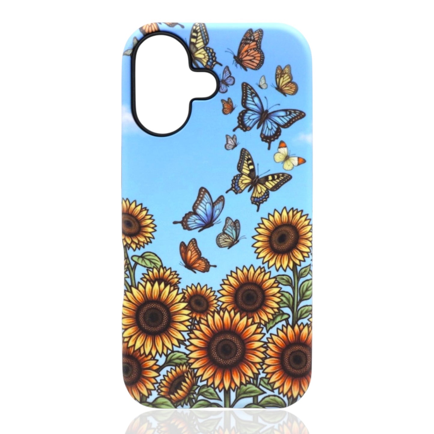 Phone case featuring sunflowers at the bottom with colorful butterflies flying upward against a bright blue sky