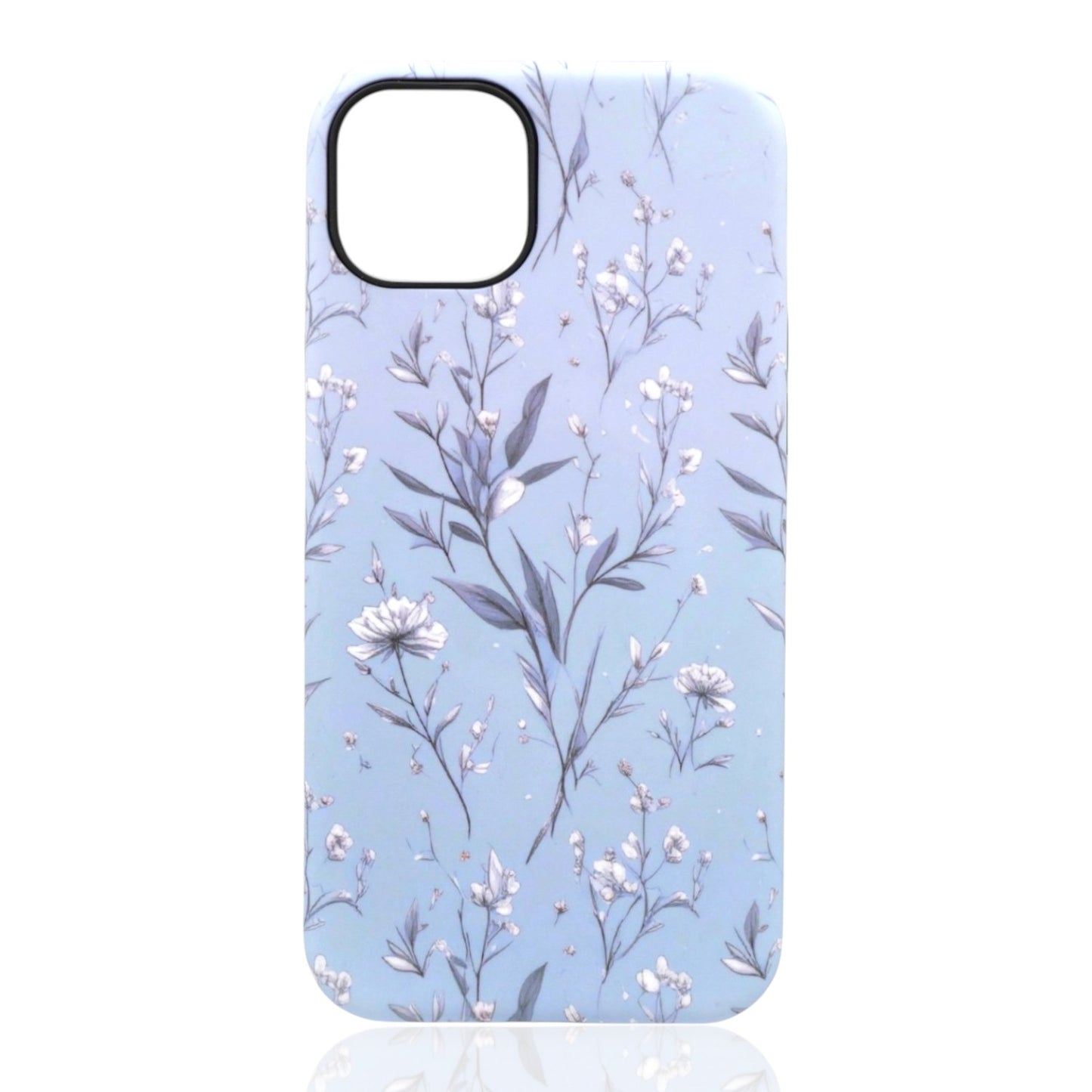 Phone case featuring delicate white flowers and green‑gray leaves on a light‑blue background
