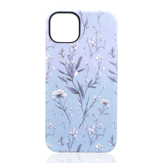 Phone case featuring delicate white flowers and green‑gray leaves on a light‑blue background