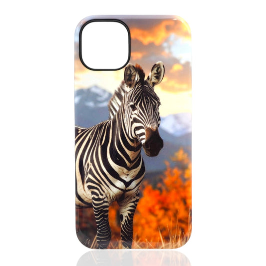 Phone case featuring a zebra standing before autumn foliage, snow‑capped mountains, and an orange sky