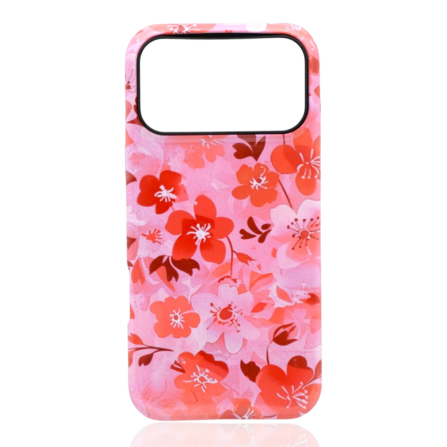 Phone case featuring red, pink, and white flowers with dark accents on a light pink background