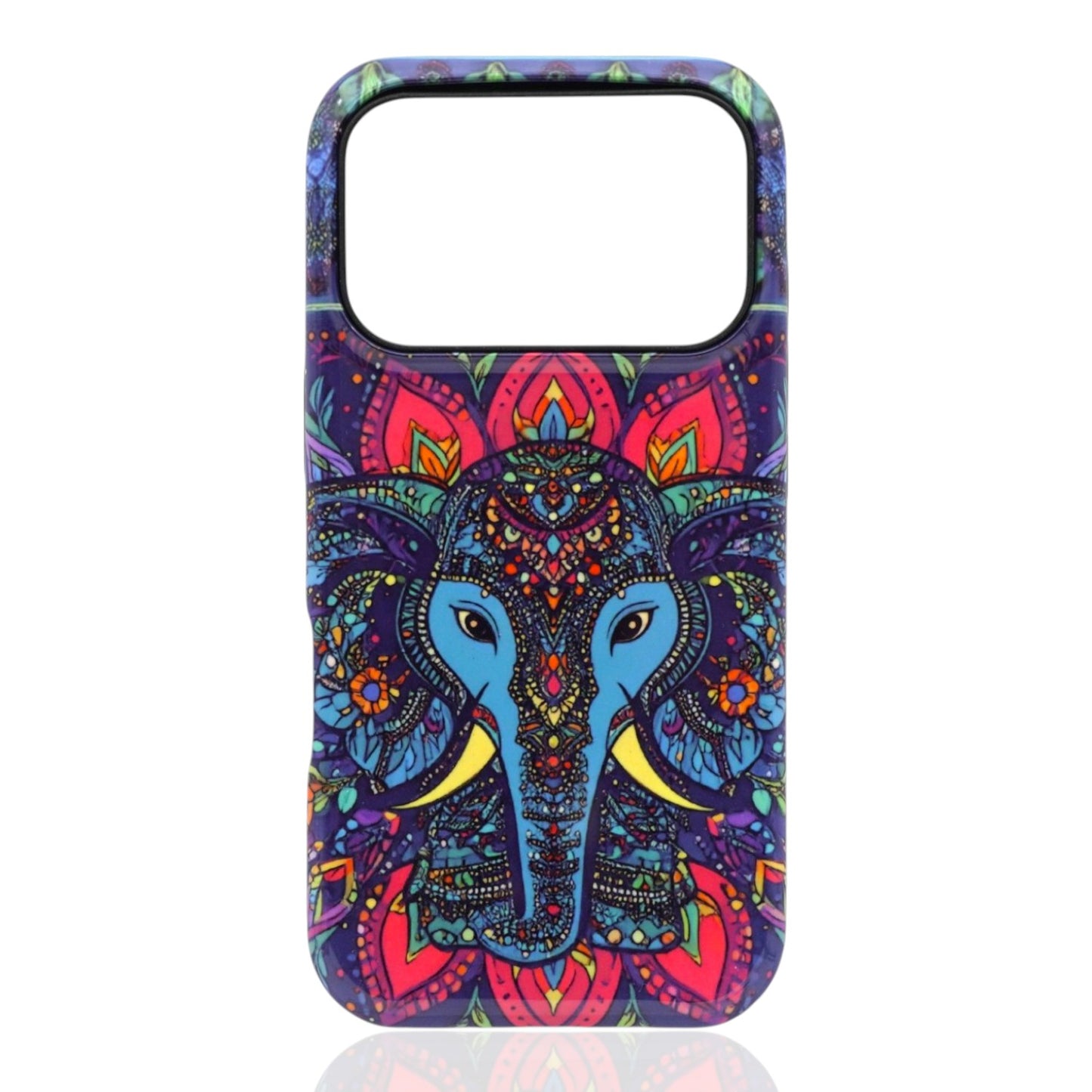 Phone case featuring a colorful stylized elephant head with mandala floral patterns