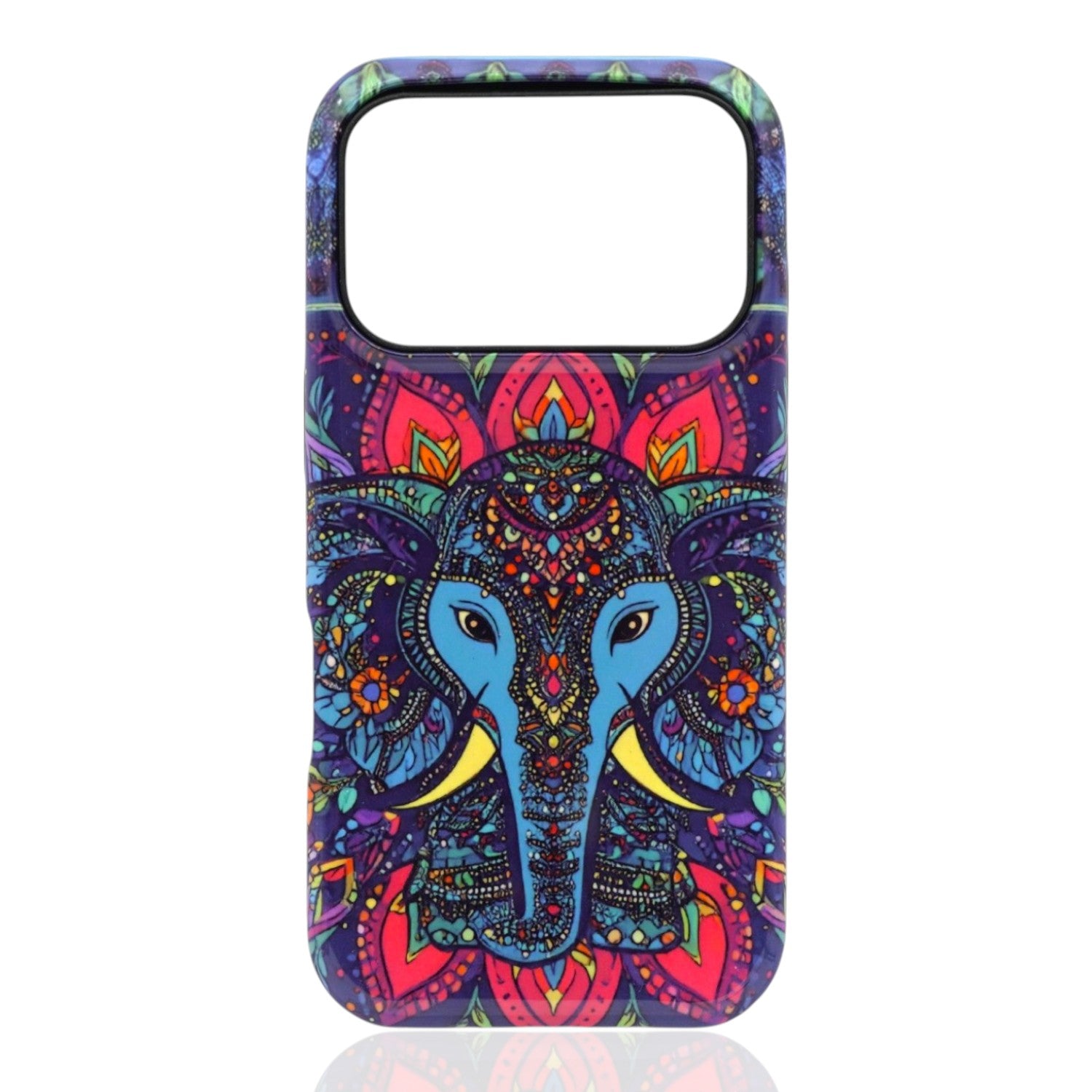 Phone case featuring a colorful stylized elephant head with mandala floral patterns