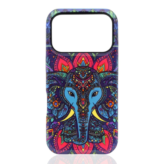 Phone case featuring a colorful stylized elephant head with mandala floral patterns