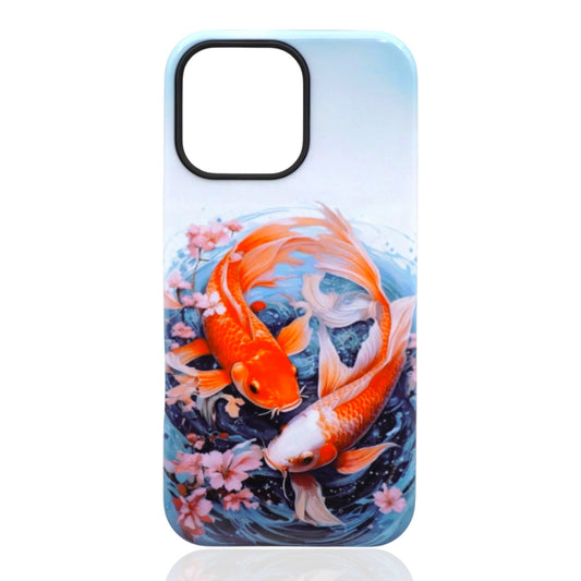 Phone case featuring two koi fish swimming in a circular motion with pink blossoms and a blue gradient background