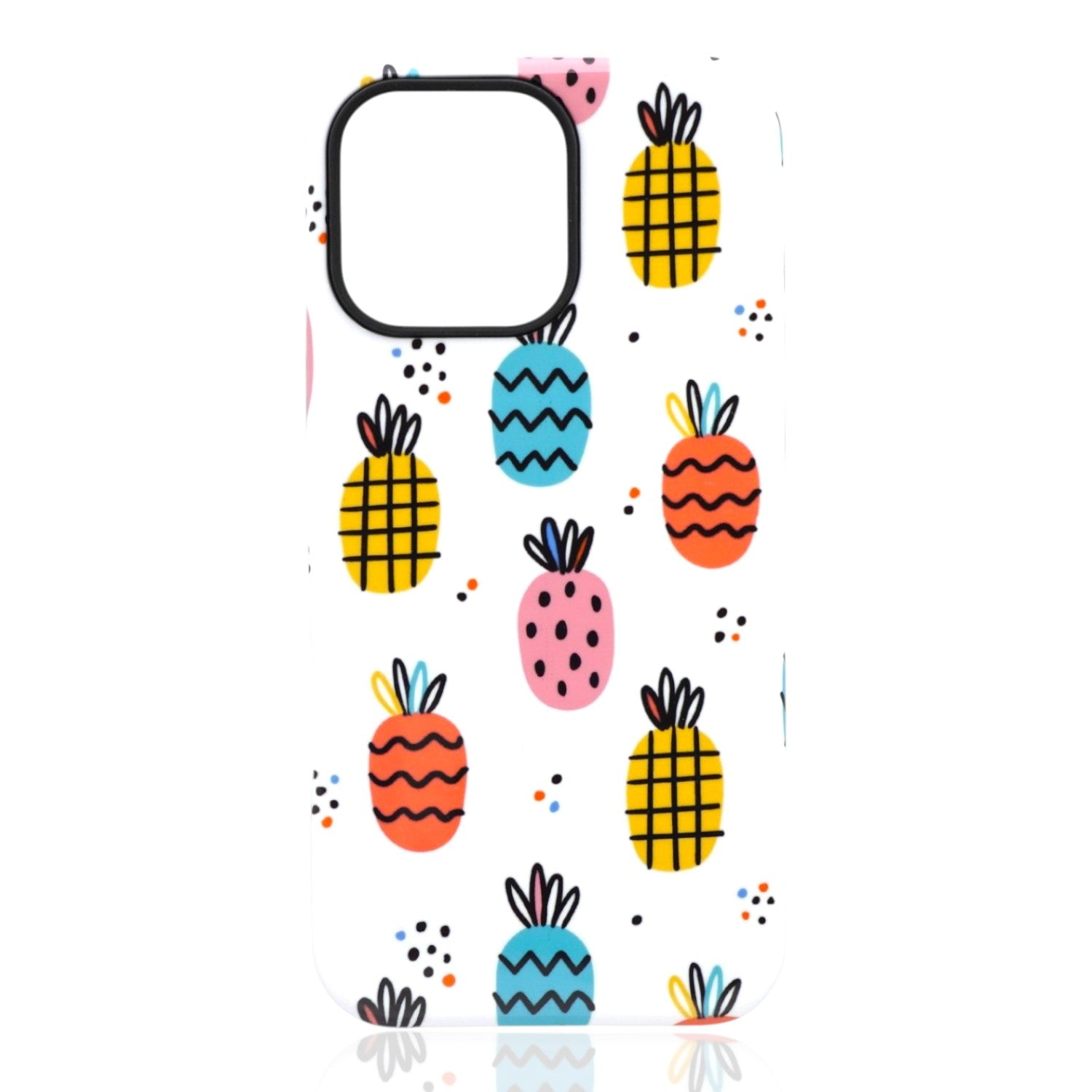 Phone case featuring colorful stylized pineapples with multicolor dots on a white background